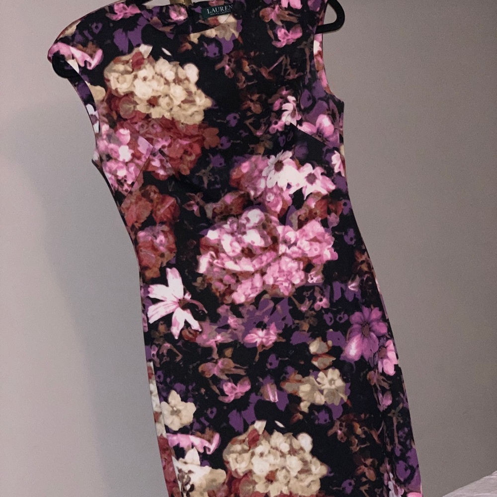Ralph Lauren Black Floral Midi Dress with Pink and Cream Blooms
